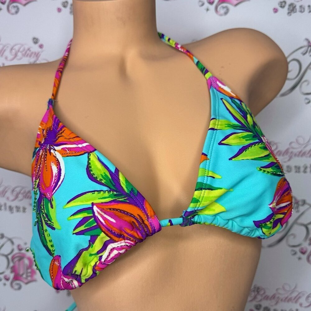 xhilaration bikini top beaded tropical neon flowers beach swimming tie up bright